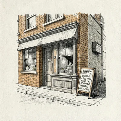 Loose pen-ink scene of a brick storefront studio with a sandwich board outside,