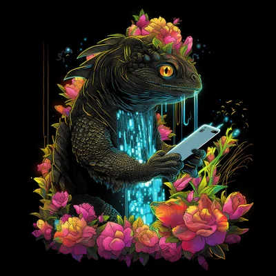 Black tee design detail stern EcoGodzilla hugging cur