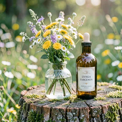 Living-moss still of a wildflower bouquet beside a stoppered bottle on a rough s