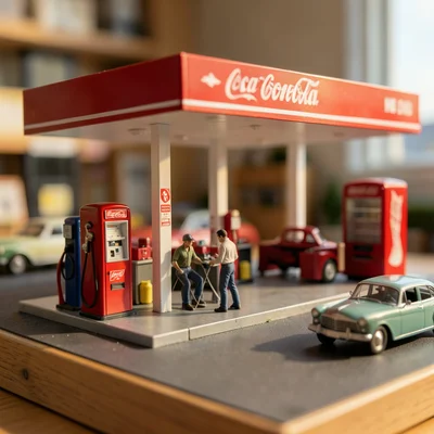 A 1:87 gas station scene: vintage pumps, a service bay, a tiny mechanic, classic