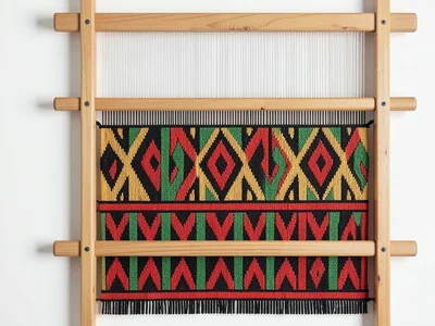 Loom frame detail — heddle bars and beam, no cloth, pure wooden geometry