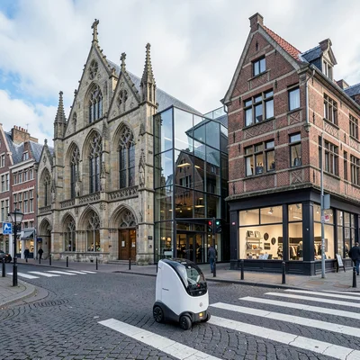 Medieval-modern temporal collision, Ghent layers, Delivery robot waiting at cros