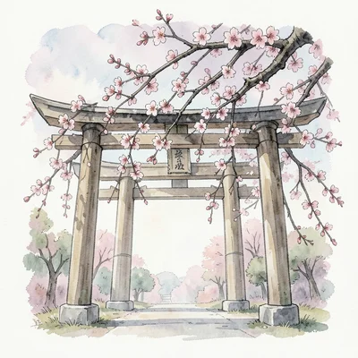 Cherry blossom branches hanging over a wooden torii gate, watercolor ink wash st