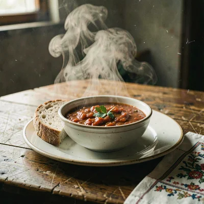 Humid atmospheric scene, Central European grandeur, Bowl of paprika-red goulash 