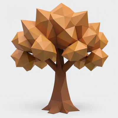 Low-poly illustration, crystalline tree in autumn , faceted geometric surfaces, 