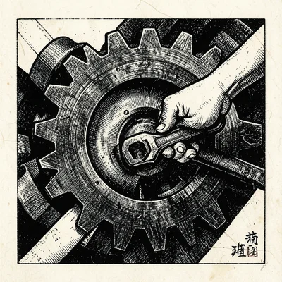 A hand holding a wrench tightening a bolt on an enormous gear, the teeth of the 