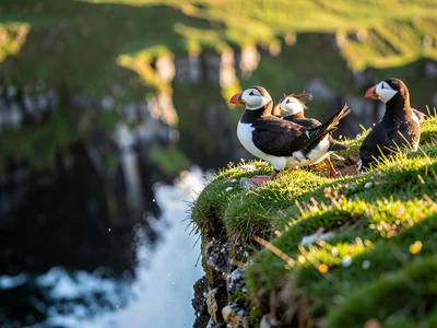 Puffins on the Cliffs of Moher ledge, Atlantic spray below, emerald grass on the