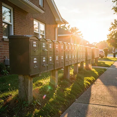 Suburban mailboxes casting long shadows in honeyed evening light