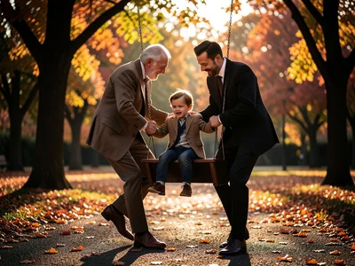 Grandfather pushing grandchild on swing, park, autumn afternoon warmth