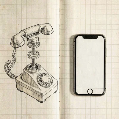 Technical illustration spread of an exploded view of a vintage rotary phone alon