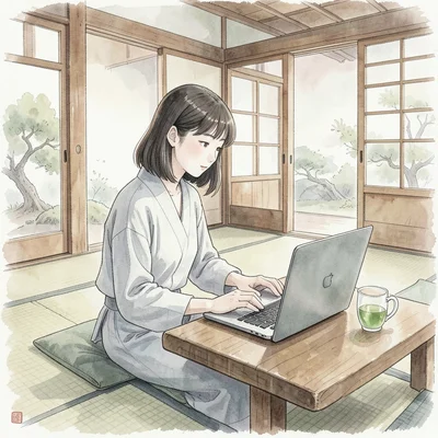 A woman typing on a laptop at a tatami-style coworking space with green tea besi