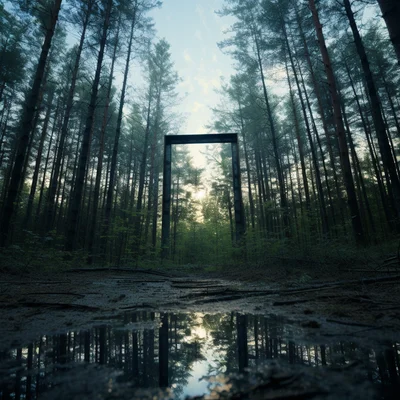 Photo A mirror placed flat on a forest floor reflects