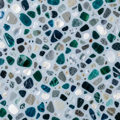 Ocean terrazzo: blue-green glass, white shell fragments, and grey stone in pale 