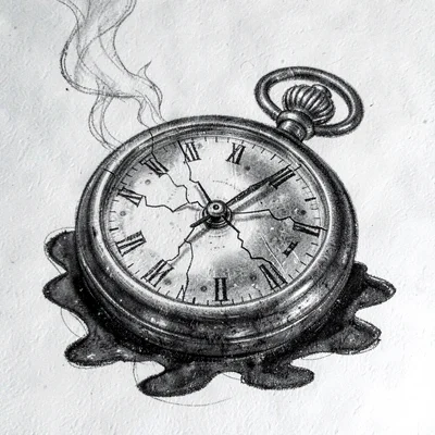 Charcoal puzzle-prop study of a tarnished pocket-watch with a cracked crystal, h