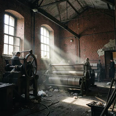 Textile factory ghosts in industrial Łódź, abandoned loom hall with morning ligh
