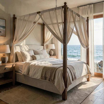 primary bedroom with linen-draped four-poster, ocean breeze, sheer curtains