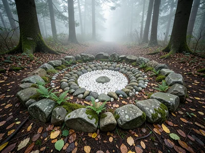 A land art spiral made of found river stones arranged on a forest floor, the spi