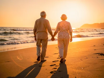 Elderly couple walking away on beach, hand in hand, golden light wrapping them, 