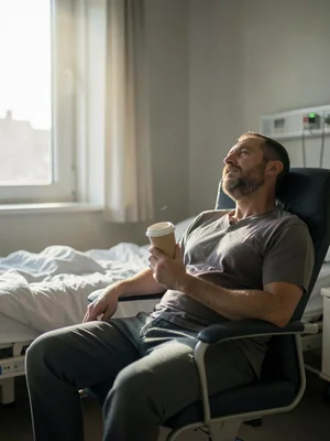 Someone sitting in a hospital room chair, window light falling on an unseen bed,