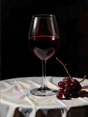 Wine glass half-full of red wine, dramatic chiaroscuro, white tablecloth, single