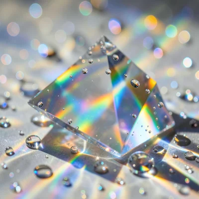 Water droplets on glass catching light into tiny prismatic rainbows