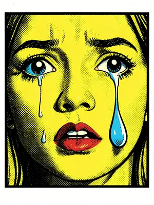 Close-up crying face — flat yellow skin, halftone shadow dots, single oversized 