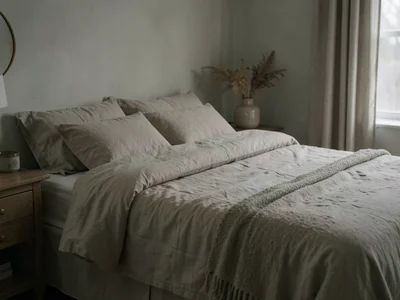 Linen bedding in bedroom