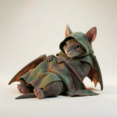 A hooded bat-scholar reclining with leathery wings folded neatly across chest li