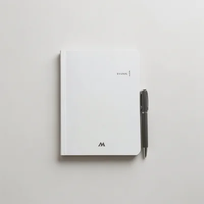 Notebook and pen set on a clean desk, minimal branding, overhead flat lay