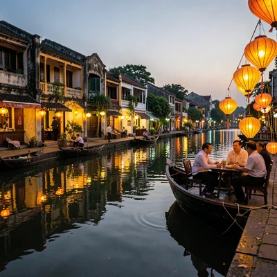 Hoi An lantern glow, silk amber on water, couple dining riverside, lanterns refl