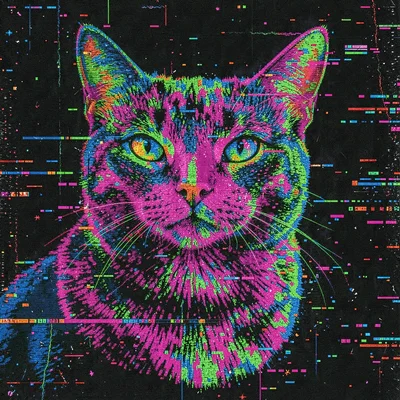 Glitch art illustration, cat corrupted into RGB channels , digital corruption ar