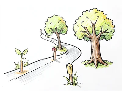 A winding road with milestones: seed, sprout, small tree, big tree, showing a gr