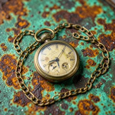Vintage pocket watch with brass patina, chain coiled, leather surface
