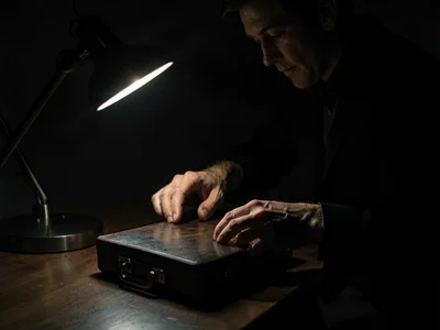 Two hands sliding briefcase across table, hard light from desk lamp revealing kn