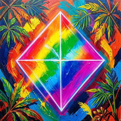 Prism shape filled with rainbow light spectrum dispersing, double exposure