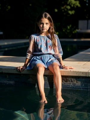 Child sitting on pool edge dangling feet in water, summer afternoon
