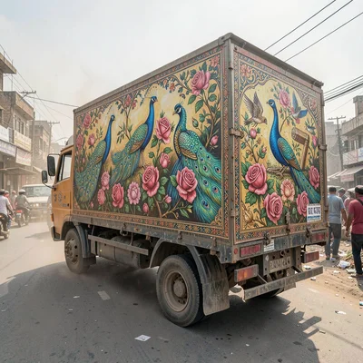 Elaborate decoration surviving dusty Lahore streets, Truck art panel depicting p