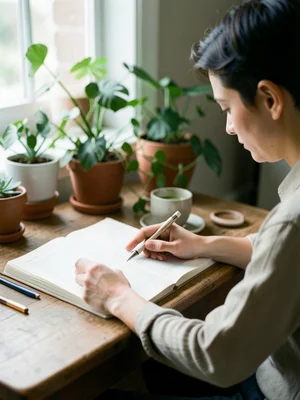 Person journaling at a wooden desk with a cup of matcha, soft natural light, ind