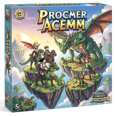 Board game box illustration, a dragon-rider academy on floating islands, young r