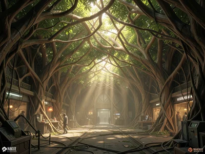 Market hall with a living roof of interwoven branches, daylight filtering throug