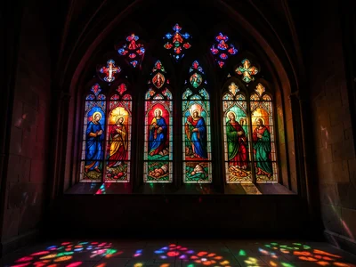 A row of Gothic lancet windows seen from inside, each depicting a different scen