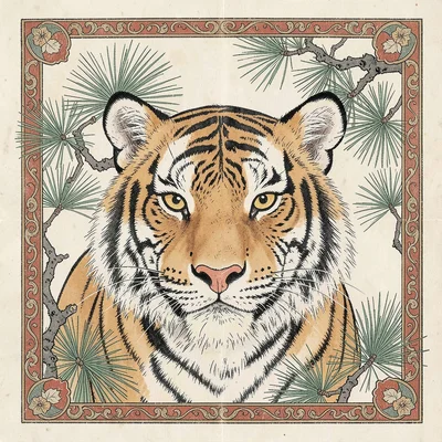 Tiger face close-up, frontal and slightly amused, surrounded by pine needles