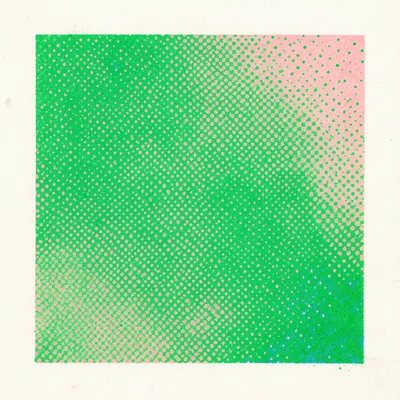 Risograph stipple field, hand-drawn dots reproduced in bright green, organic poi