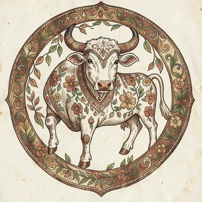 Kalamkari pen illustration, a bull with decorated horns for pongal , hand-drawn 