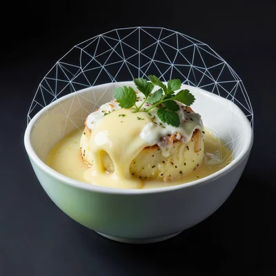 Mashed potatoes with butter melting in well, fresh herbs, serving bowl