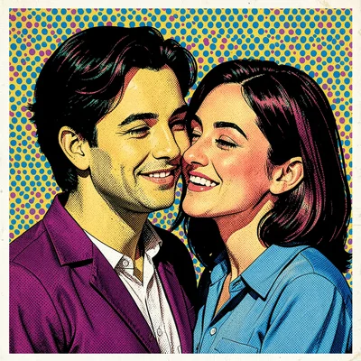 Halftone dot illustration, romantic couple close-up , Ben-Day dots, pop art aest