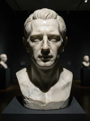A self-portrait bust of the sculptor, rough-tooled at the base, increasingly pol