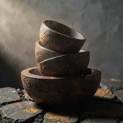 Dense atmospheric mist, rich earthy textures, Carved ceremonial bowls stacked an