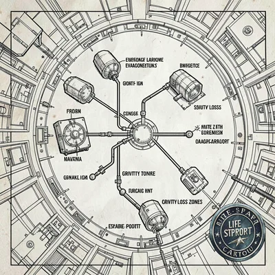 A space-station emergency-evacuation route diagram with airlock paths, escape-po