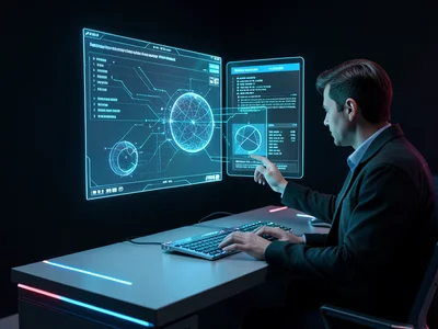 Holographic display floating above a desk, person interacting with 3D data visua